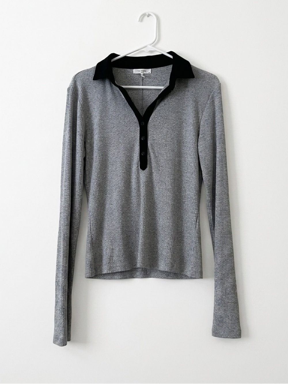 RAG & BONE Long Sleeve Ribbed Polo Top - Gray with Black Trim